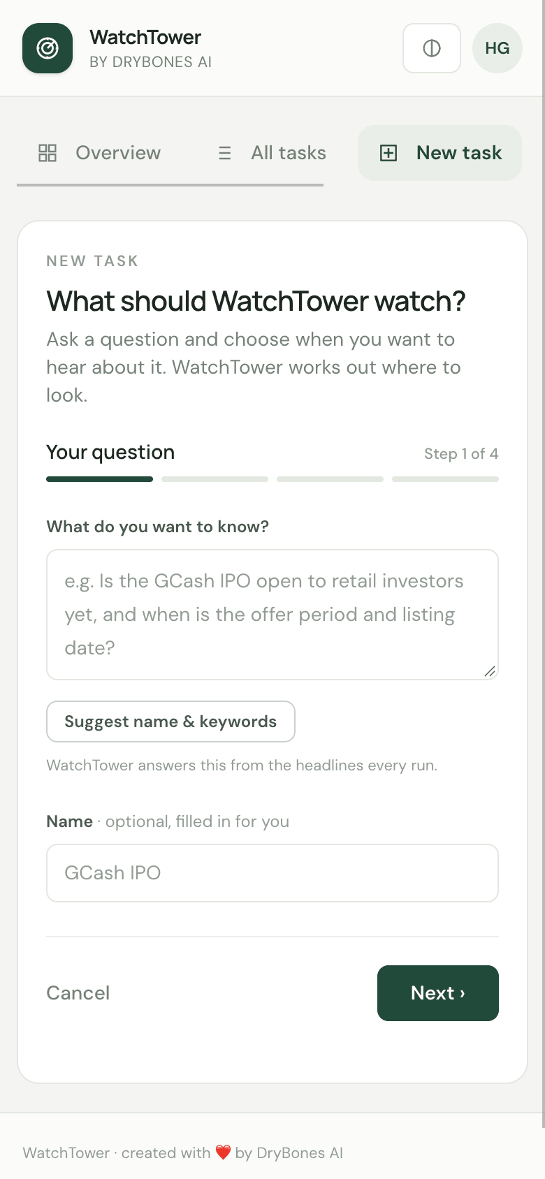 New task: ask a question in plain words