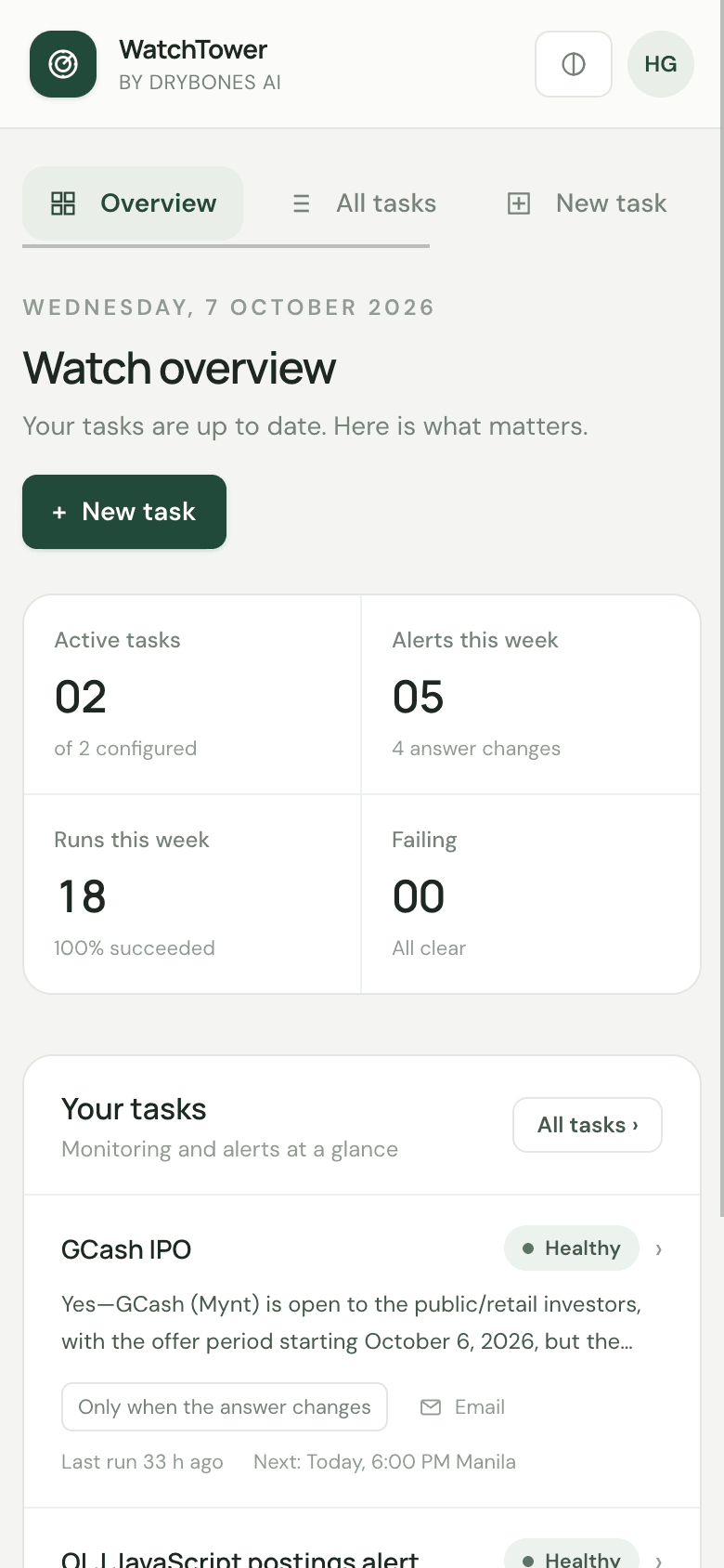 Overview screen with task counts and latest answers