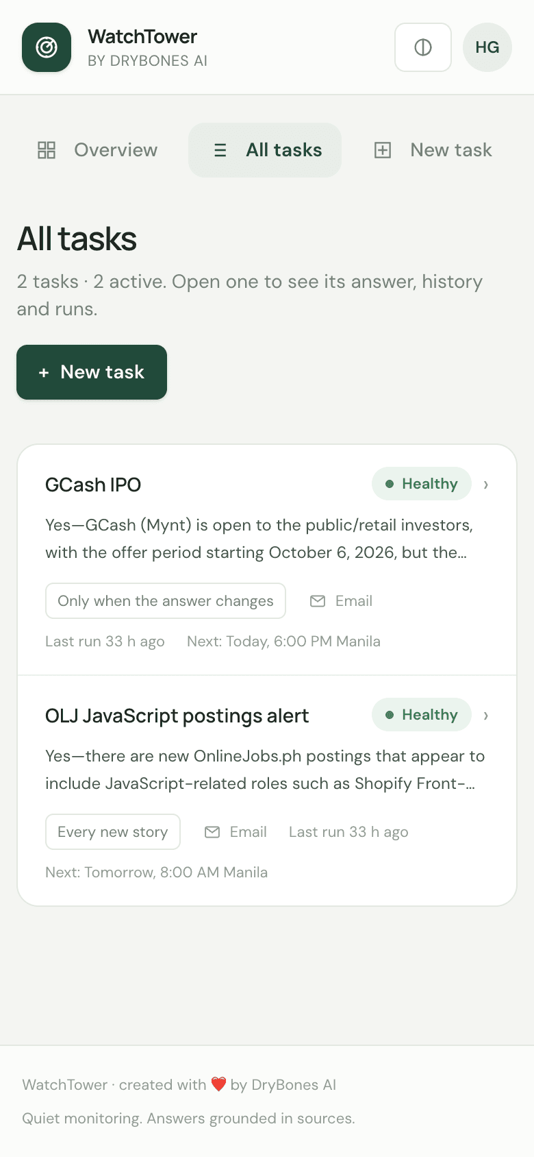 All tasks list with status and next run